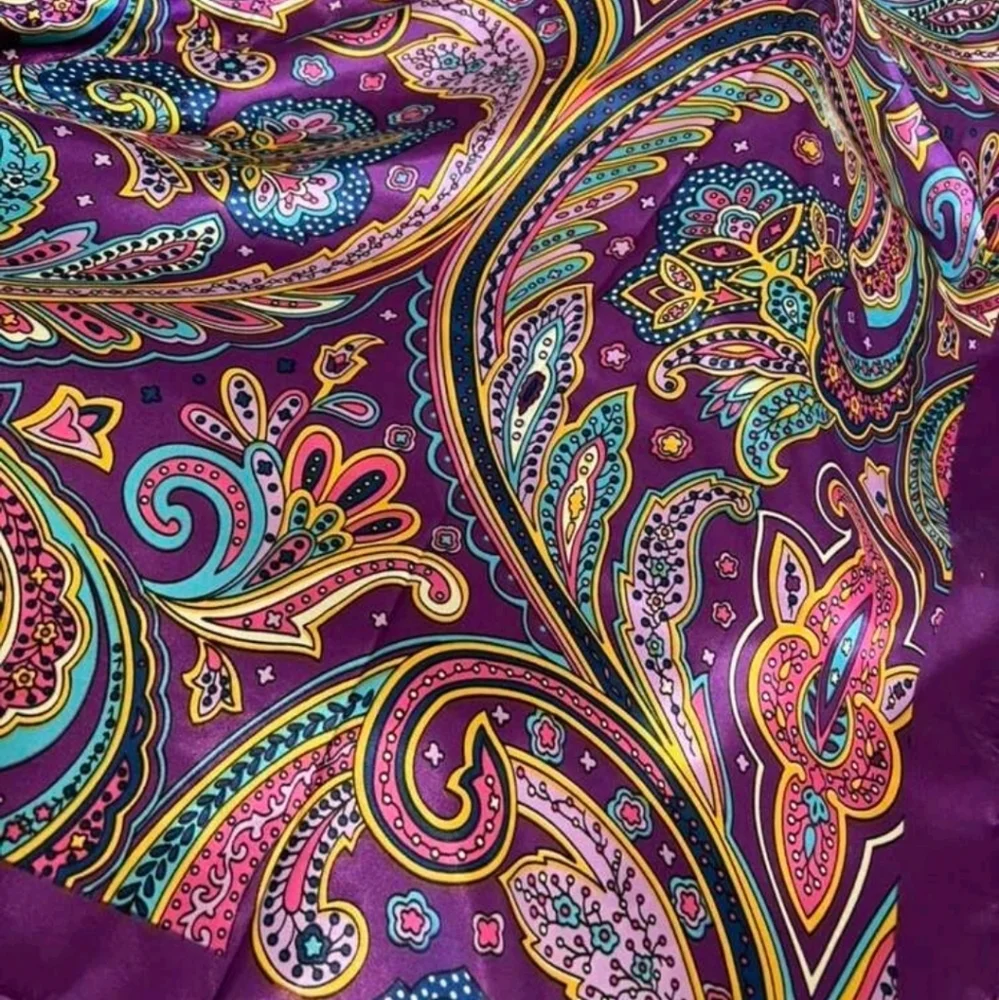 Oversized Satin square Scarf Purple Paisley boho Festival for head neck hair 💖